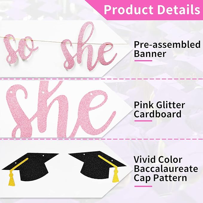 “She Believed She Could So She Did” Pink Glitter Banner – 2024 Graduation Photo Backdrop for Girls - Image 3