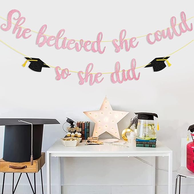 “She Believed She Could So She Did” Pink Glitter Banner – 2024 Graduation Photo Backdrop for Girls - Image 4