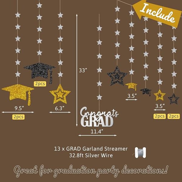 2025 Gold, Silver & Black Graduation Garland Kit – Stars, Caps & Congrats Banner for Party Decor - Image 3