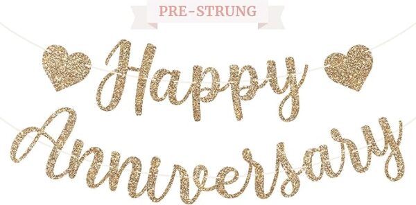 Pre-Strung Gold Glitter Happy Anniversary Banner – 6ft Garland, No DIY Needed