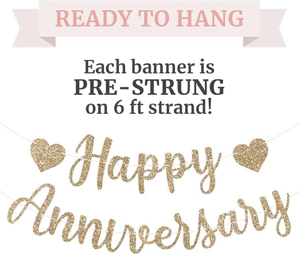 Pre-Strung Gold Glitter Happy Anniversary Banner – 6ft Garland, No DIY Needed - Image 3