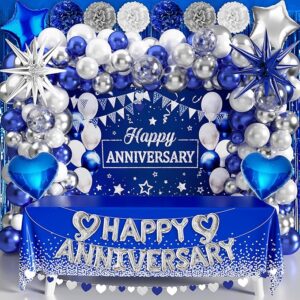101PCS Blue & Silver Anniversary Party Kit – Banner, Balloon Arch & Tablecloth
