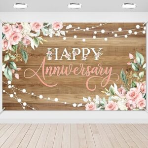 Rustic Pink Floral Happy Anniversary Backdrop – Wooden “Cheers to Marriage” Banner (70.8x43.3")