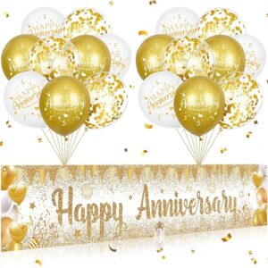 White & Gold Happy Anniversary Banner with 18PCS Balloons & Confetti Set – Party Decor