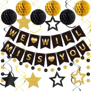 24PCS Farewell Party Kit – Black & Gold “We Will Miss You” Banner, Glitter Stars, Swirls & Garland