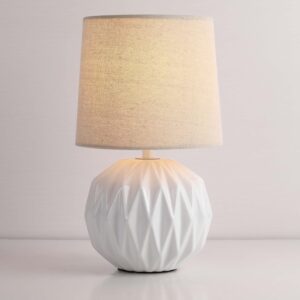 White Ceramic Table Lamp – Small Geometric Textured Bedside Lamp with Linen Shade