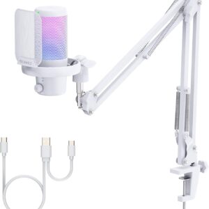 VM1 White USB Gaming Microphone – Condenser Mic with Noise Cancellation, Mute Button & RGB Lighting