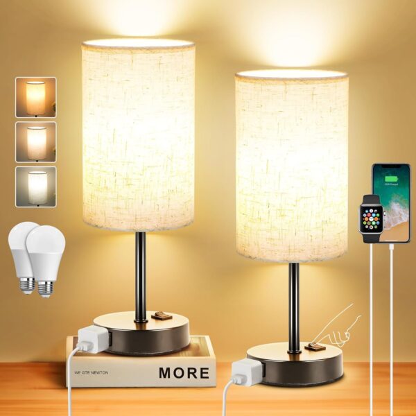 Set of 2 Bedroom Table Lamps – Compact Bedside Lamps with 3-Way Dimming, Rocker Switch & Built-in AC Outlet