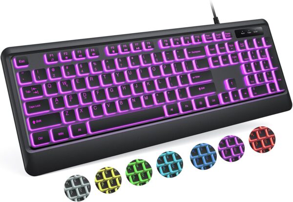 Wired USB LED Keyboard – 7-Color Backlight, Plug-and-Play, Waterproof Design
