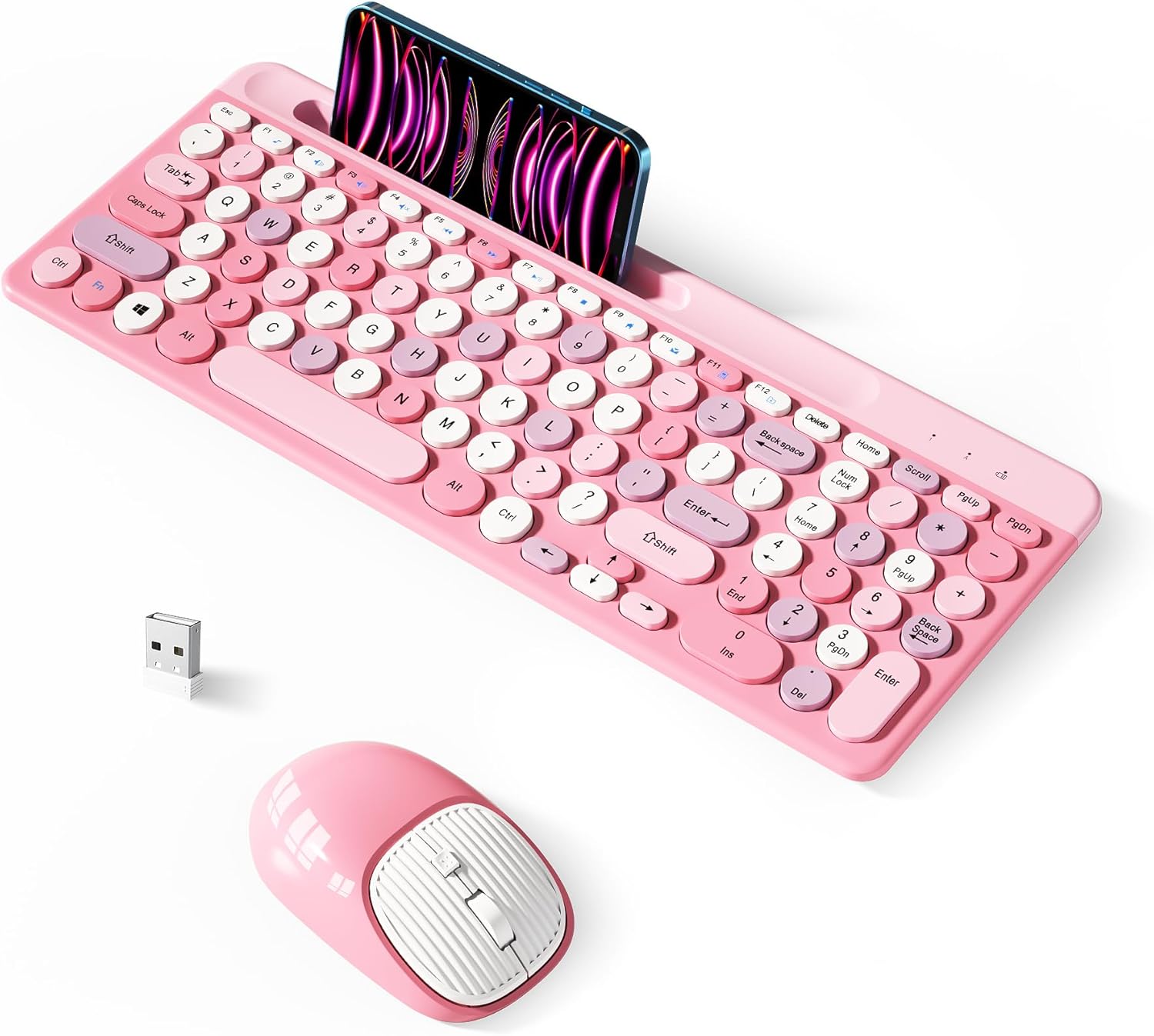 Retro Wireless Keyboard – Full-Size 2.4GHz USB, Round Keycaps, Cute and Stylish Design