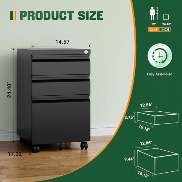 3-Drawer Mobile File Cabinet – Lockable Metal Filing Cabinet for Under Desk Use - Image 4