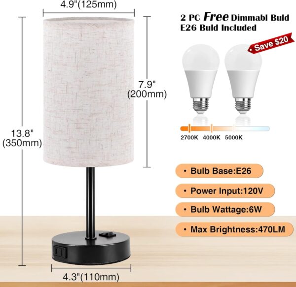 Set of 2 Bedroom Table Lamps – Compact Bedside Lamps with 3-Way Dimming, Rocker Switch & Built-in AC Outlet - Image 4