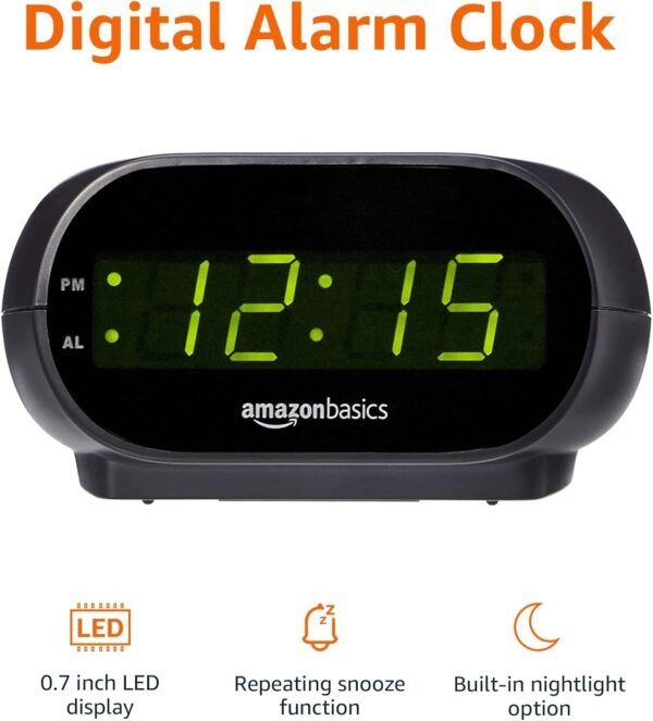 Compact Digital Oval Alarm Clock with LED Display, Nightlight & Battery Backup – Black, 4.5" x 3.5" x 2.4" - Image 4