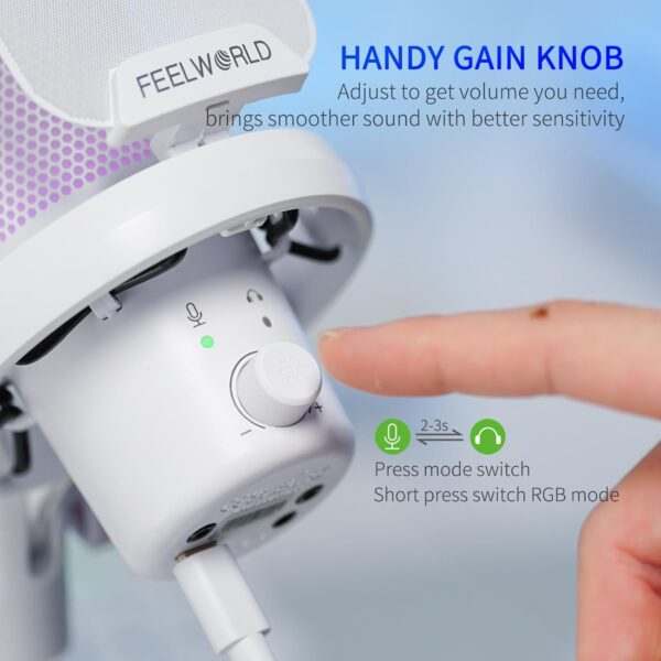 VM1 White USB Gaming Microphone – Condenser Mic with Noise Cancellation, Mute Button & RGB Lighting - Image 3