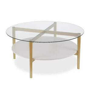 ern Round Glass Coffee Table, Brass and White Lacquer