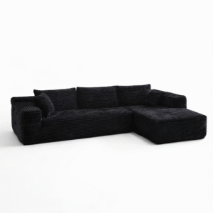 Spacious L-Shaped Sectional Sofa – Black Plush Corduroy Upholstery