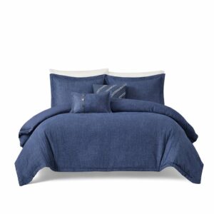 100% Cotton 5-Piece Blue Queen Denim-Style Comforter Set