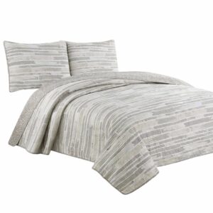 3-Piece Full/Queen Quilt Set in Beige Watercolor Stripes