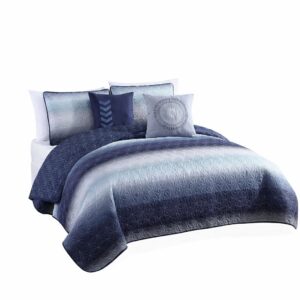 5-Piece Queen Quilt Set in Navy and Grey Tones