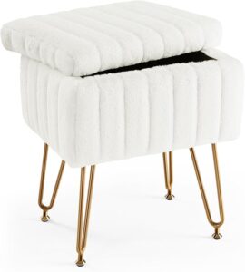 Vanity Stool Chair with Storage, Faux Fur Ottoman, Soft Padded Makeup Seat, Metal Legs, Adjustable Anti-Slip Feet, White Footrest for Bedroom & Entryway