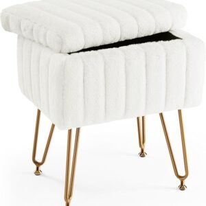 Vanity Stool Chair with Storage, Faux Fur Ottoman, Soft Padded Makeup Seat, Metal Legs, Adjustable Anti-Slip Feet, White Footrest for Bedroom & Entryway