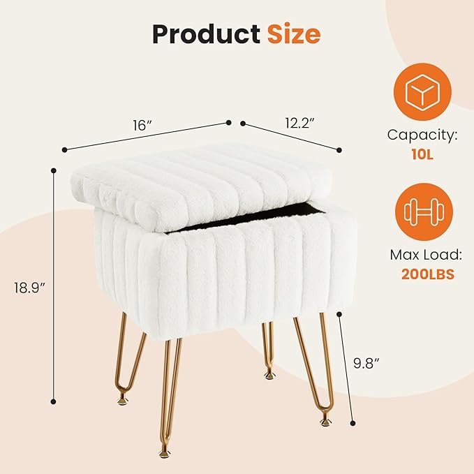 Vanity Stool Chair with Storage, Faux Fur Ottoman, Soft Padded Makeup Seat, Metal Legs, Adjustable Anti-Slip Feet, White Footrest for Bedroom & Entryway - Image 3