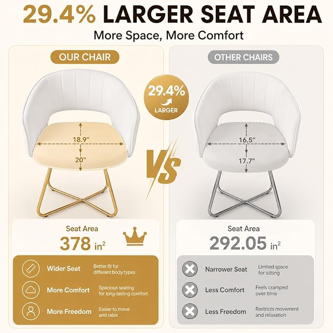Large Wide Velvet Accent Chair, Luxury Vanity & Dining Chair with Gold Base, Upholstered Armchair for Living Room, Bedroom, Home Office, Pearl White - Image 3