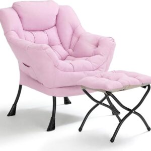 Lazy Chair with Foldable Ottoman, Modern Accent Lounge Chair, Armchair with Folding Footrest & Side Pocket, Reading Chair for Living Room, Bedroom, Dorm, Pink