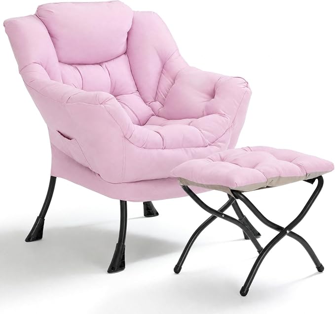 Lazy Chair with Foldable Ottoman, Modern Accent Lounge Chair, Armchair with Folding Footrest & Side Pocket, Reading Chair for Living Room, Bedroom, Dorm, Pink