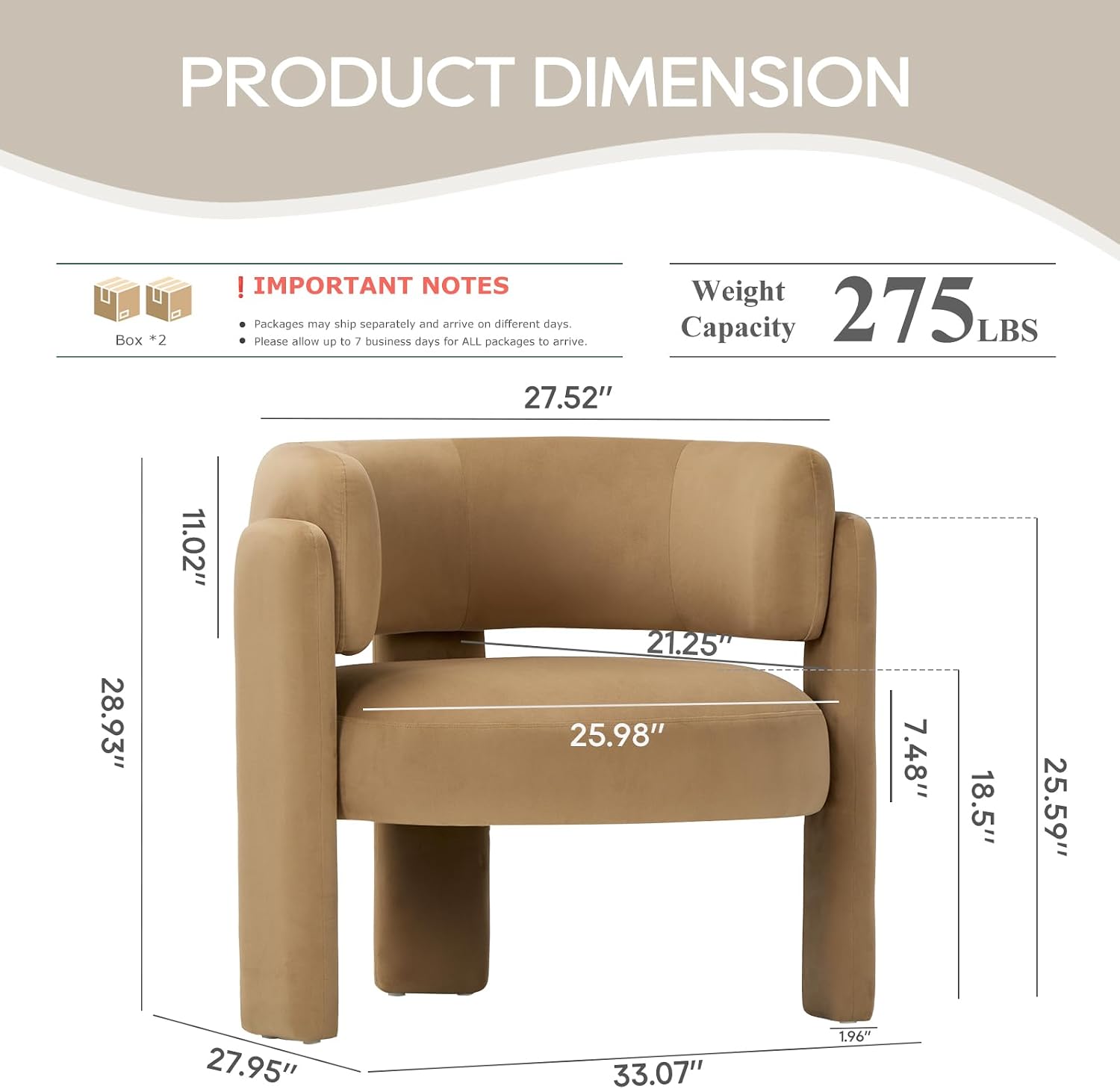 Modern Velvet Accent Chairs Set of 2, Upholstered Barrel Chairs, Comfy Side Arm Chairs with 3 Legs for Living Room, Bedroom, Reading, Khaki - Image 2