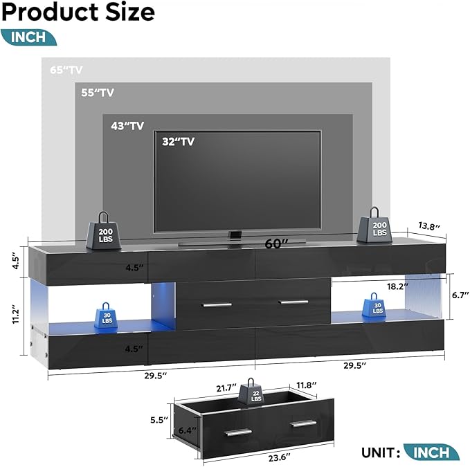 60 Inch Modern TV Stand for TVs Up to 65 Inch, LED Entertainment Center with Drawer, High Gloss Stone Pattern Media Console, Open Shelves & 7-Color LED Lights, Black - Image 2