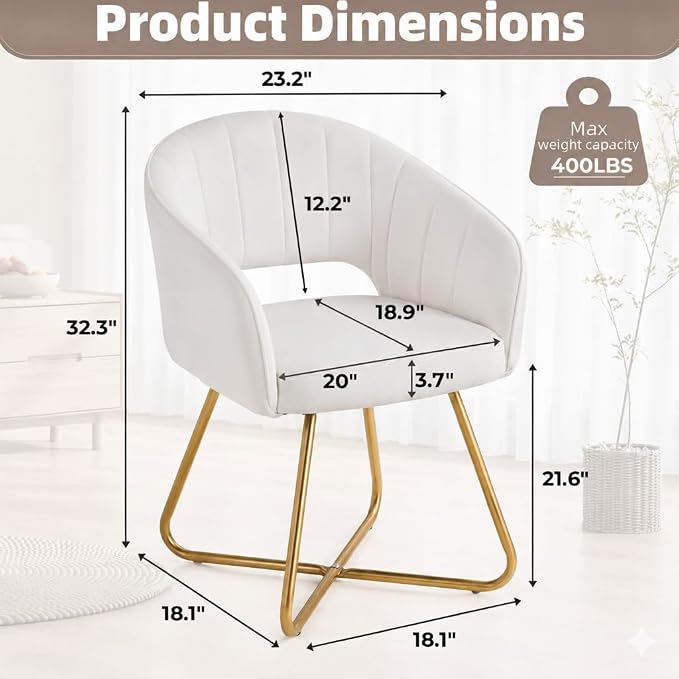 Large Wide Velvet Accent Chair, Luxury Vanity & Dining Chair with Gold Base, Upholstered Armchair for Living Room, Bedroom, Home Office, Pearl White - Image 2