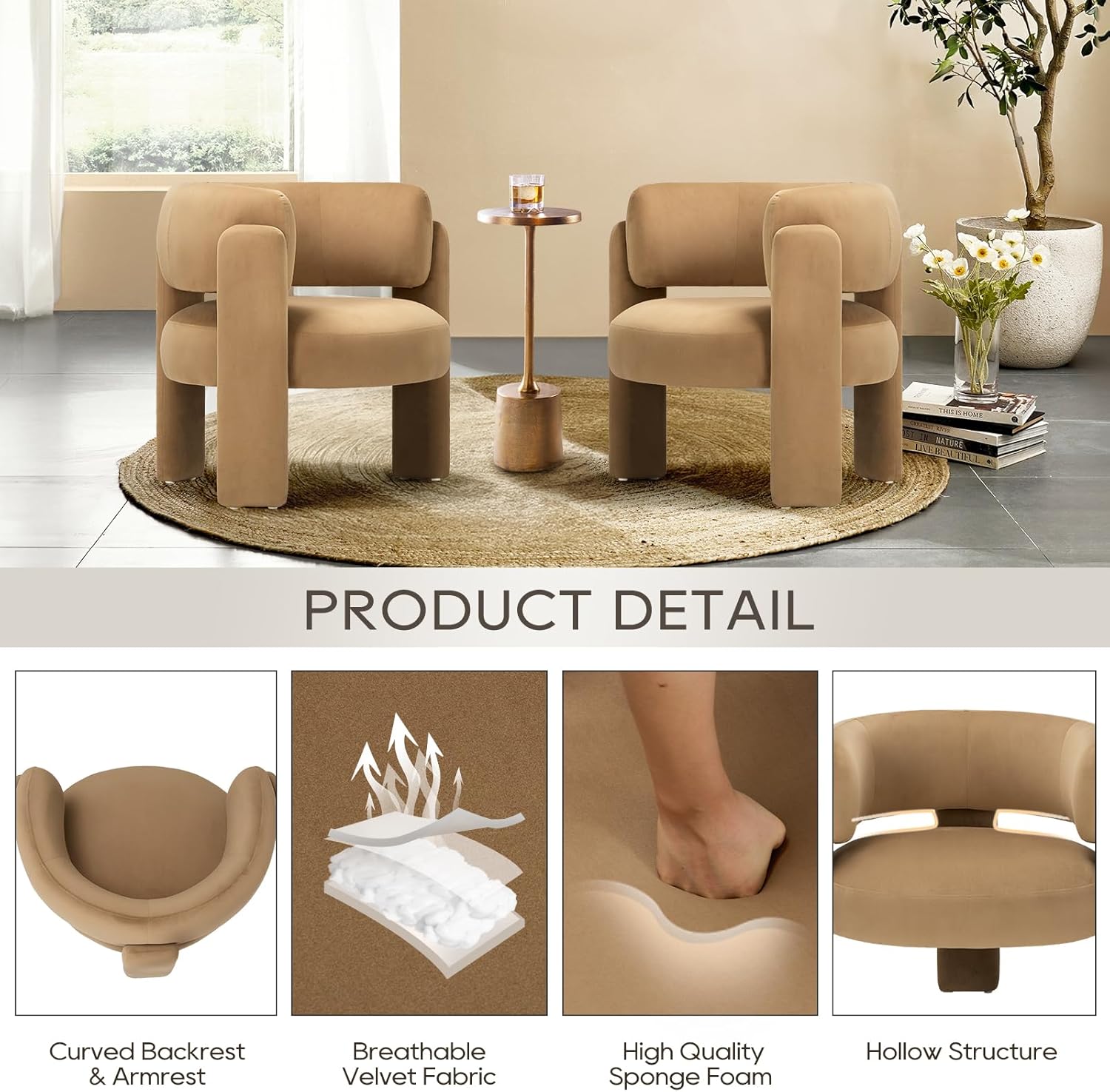 Modern Velvet Accent Chairs Set of 2, Upholstered Barrel Chairs, Comfy Side Arm Chairs with 3 Legs for Living Room, Bedroom, Reading, Khaki - Image 3