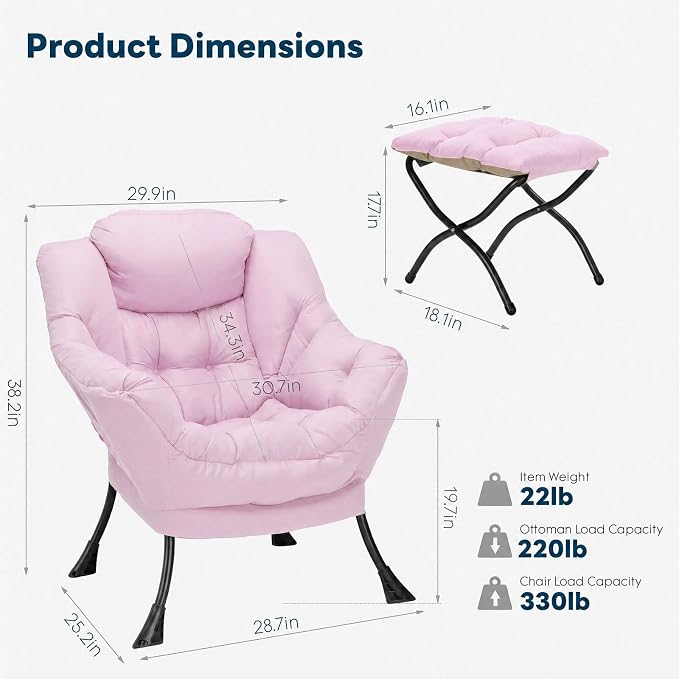 Lazy Chair with Foldable Ottoman, Modern Accent Lounge Chair, Armchair with Folding Footrest & Side Pocket, Reading Chair for Living Room, Bedroom, Dorm, Pink - Image 3
