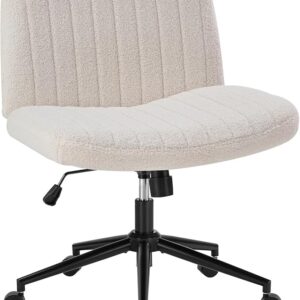 Criss Cross Office Chair with Wheels, Teddy Fleece Armless Vanity Chair, Wide Seat, Height Adjustable Swivel Desk Chair, Beige