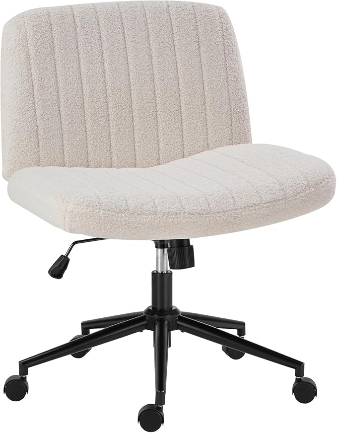 Criss Cross Office Chair with Wheels, Teddy Fleece Armless Vanity Chair, Wide Seat, Height Adjustable Swivel Desk Chair, Beige
