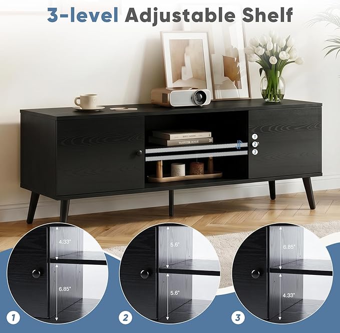 Modern TV Stand for 55 & 60 Inch TVs, Mid Century Entertainment Center with 2 Storage Cabinets, Wooden Media Console Table for Living Room & Bedroom, Black - Image 2