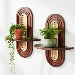 2 Pcs Boho Wall Shelves, Natural Wood Rattan Plant Shelf | for Living Room Bedroom Office, Mid Century Decorative Floating Shelf (Walnut, 13.8 x 6.3 x 11.6 In)