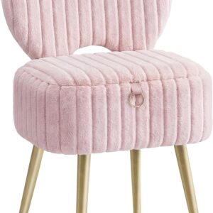 Small Vanity Chair with Storage & Folding Back, Faux Fur Makeup Stool, Padded Ottoman Footrest, Dressing Table Chair for Bedroom & Vanity Room, Jelly Pink