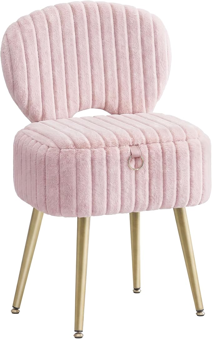 Small Vanity Chair with Storage & Folding Back, Faux Fur Makeup Stool, Padded Ottoman Footrest, Dressing Table Chair for Bedroom & Vanity Room, Jelly Pink