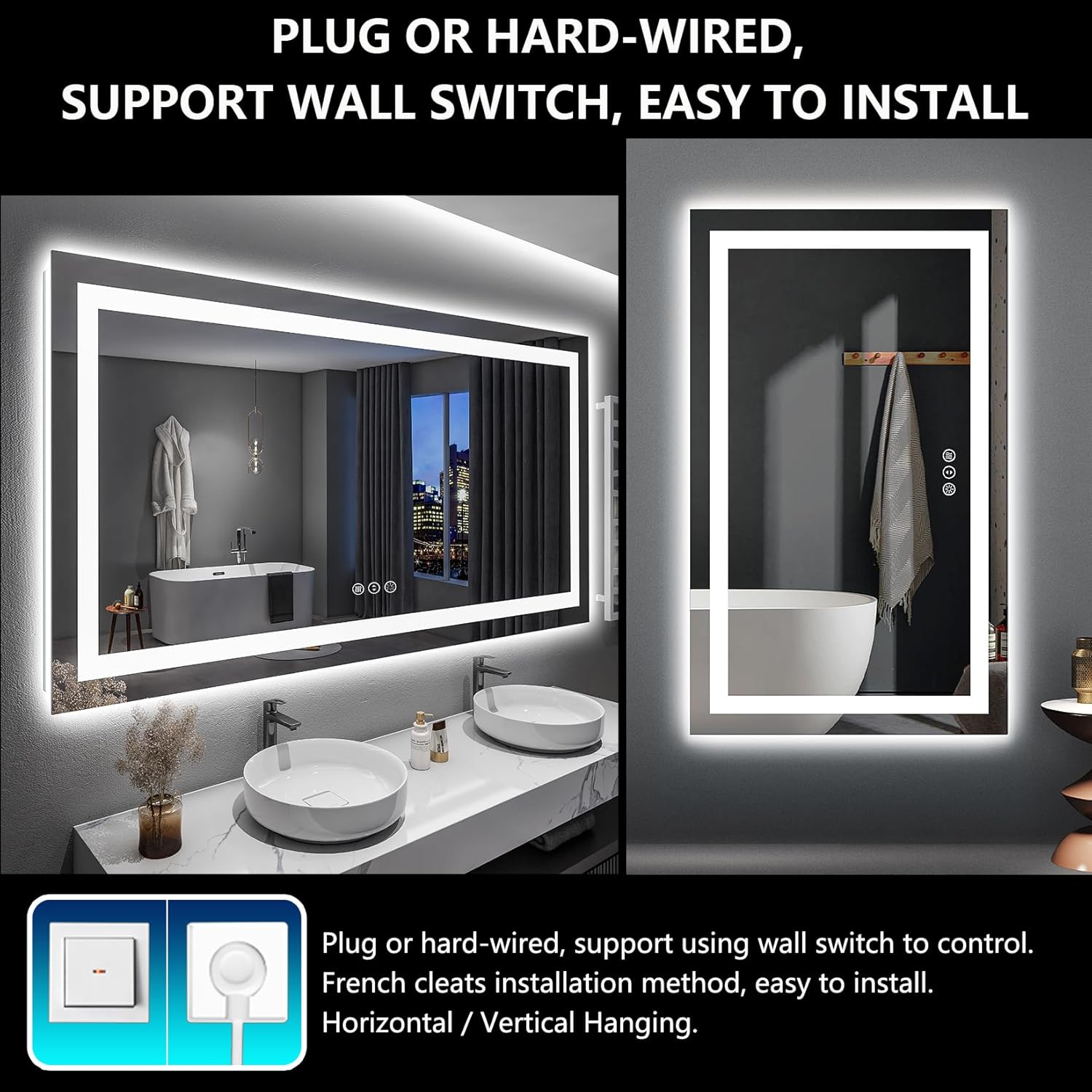 60x36 Inch LED Bathroom Mirror with Lights Front and Backlit Lighted Vanity Mirror for Bathroom Wall with 3 Colors Dimmable Anti-Fog Memory Shatter-Proof IP54 Waterproof Horizontal/Vertical - Image 3