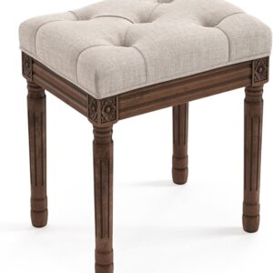 pholstered Fabric Vanity Bench Seat, Makeup Stools for Vanity, Square Tufted Ottoman Bench with Carved Dark Brown Legs for Bedroom Living Room, Linen Color