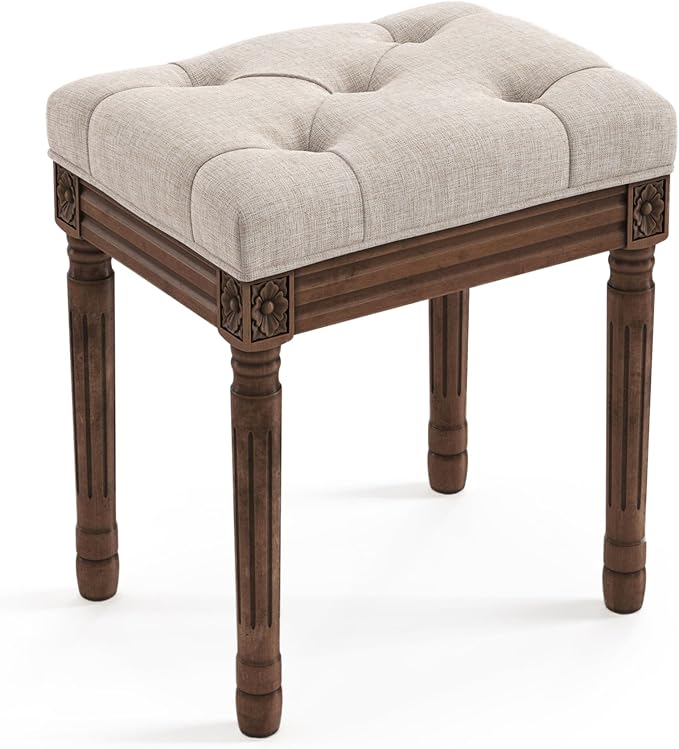 pholstered Fabric Vanity Bench Seat, Makeup Stools for Vanity, Square Tufted Ottoman Bench with Carved Dark Brown Legs for Bedroom Living Room, Linen Color
