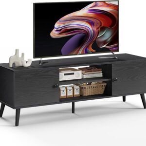 Modern TV Stand for 55 & 60 Inch TVs, Mid Century Entertainment Center with 2 Storage Cabinets, Wooden Media Console Table for Living Room & Bedroom, Black