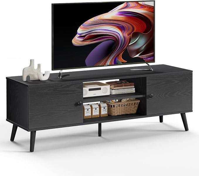 Modern TV Stand for 55 & 60 Inch TVs, Mid Century Entertainment Center with 2 Storage Cabinets, Wooden Media Console Table for Living Room & Bedroom, Black