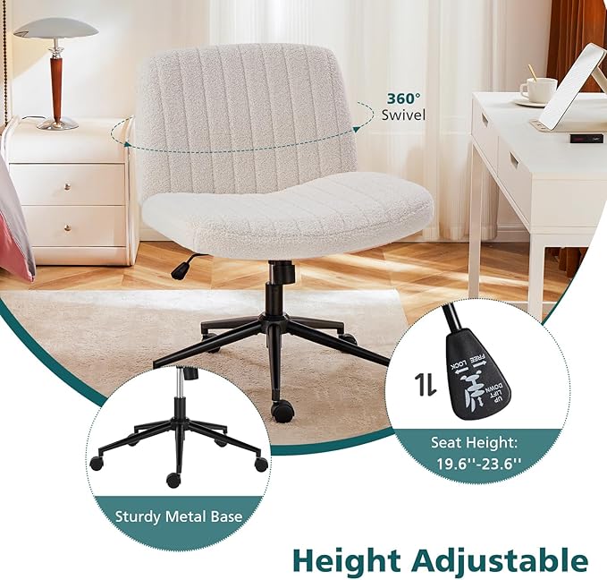 Criss Cross Office Chair with Wheels, Teddy Fleece Armless Vanity Chair, Wide Seat, Height Adjustable Swivel Desk Chair, Beige - Image 3