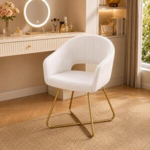 Large Wide Velvet Accent Chair, Luxury Vanity & Dining Chair with Gold Base, Upholstered Armchair for Living Room, Bedroom, Home Office, Pearl White