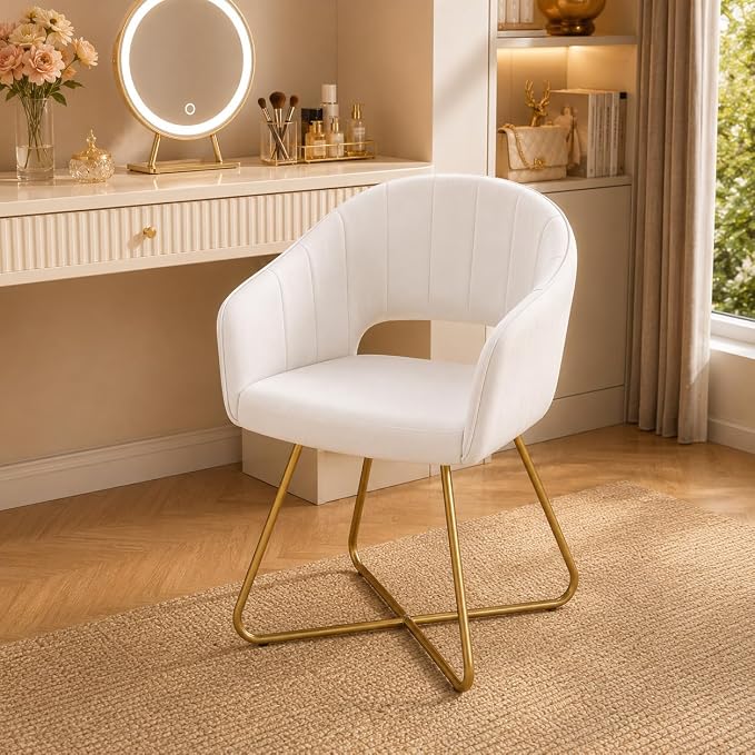 Large Wide Velvet Accent Chair, Luxury Vanity & Dining Chair with Gold Base, Upholstered Armchair for Living Room, Bedroom, Home Office, Pearl White
