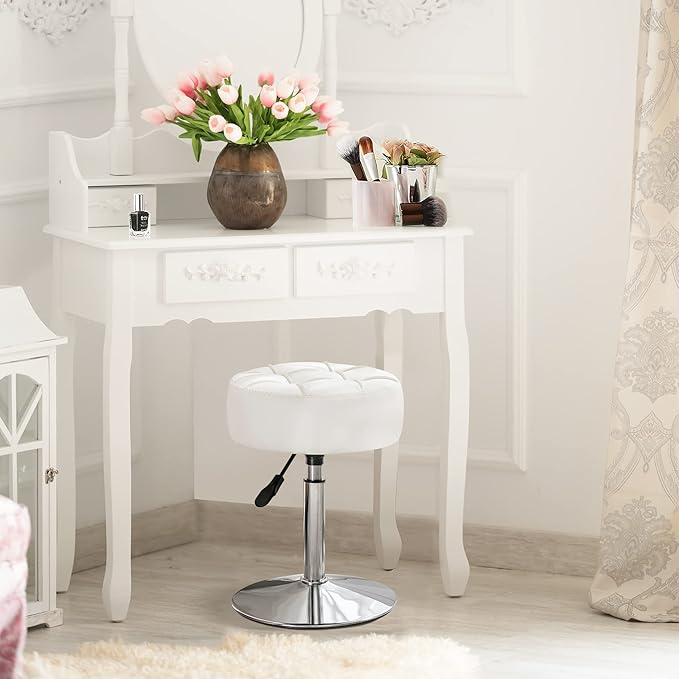 Adjustable Vanity Stool, 360 Swivel Chair for Makeup Room, White Faux Leather Stool for Bathroom & Living Room - Image 2