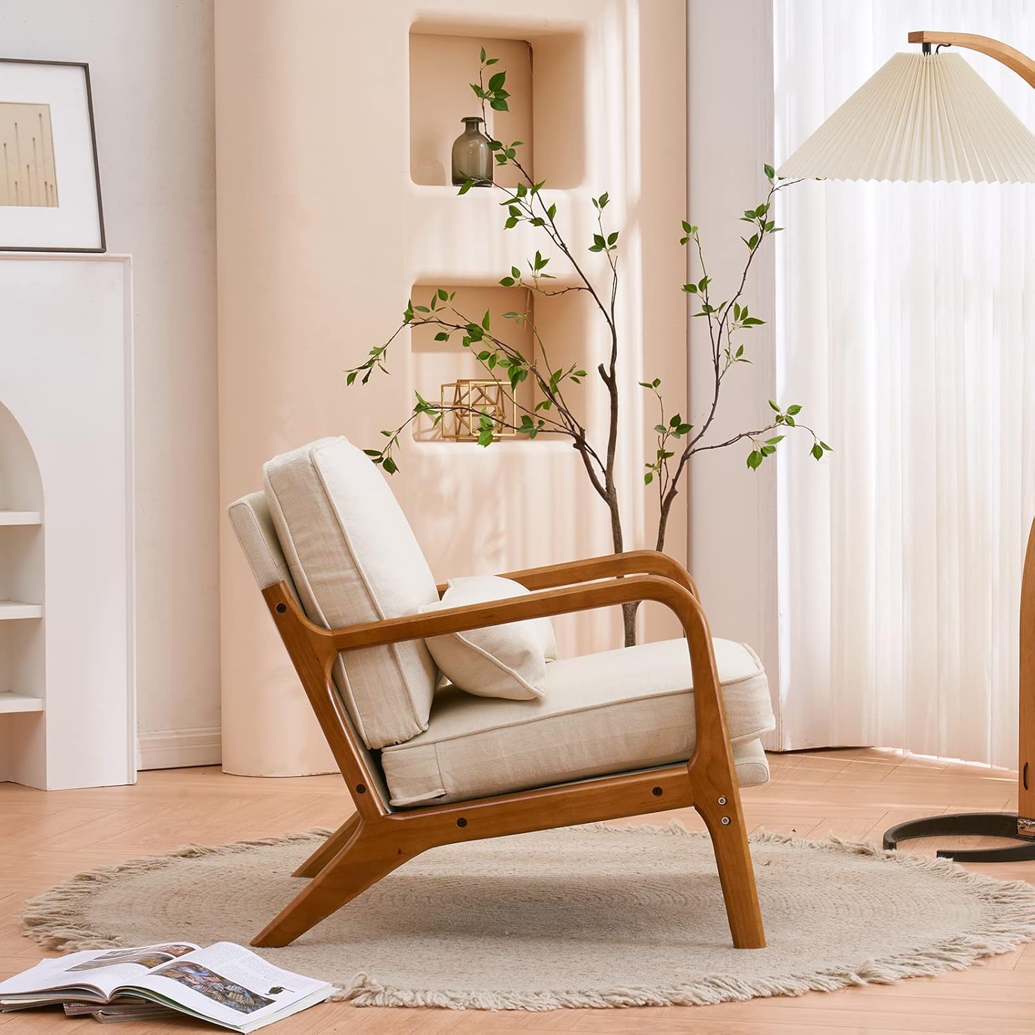 home Mid-Century Accent Reading Chairs Set of 2, Beige | Linen Upholstered, Solid Wood Frame, Soft Cushion, Lumbar Pillow, Lounge Armchair for Living Room, Bedroom, Balcony, Study - Image 3